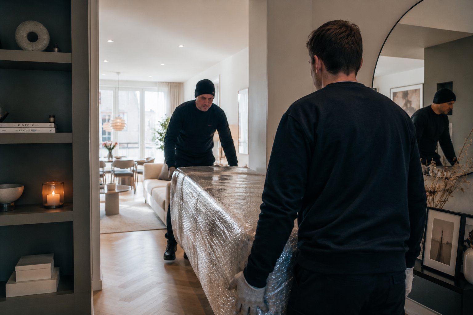 Flyttefirma Frogner — to flyttemenn bærer en bobleplast-innpakket sofa inn i en lys Frogner-leilighet