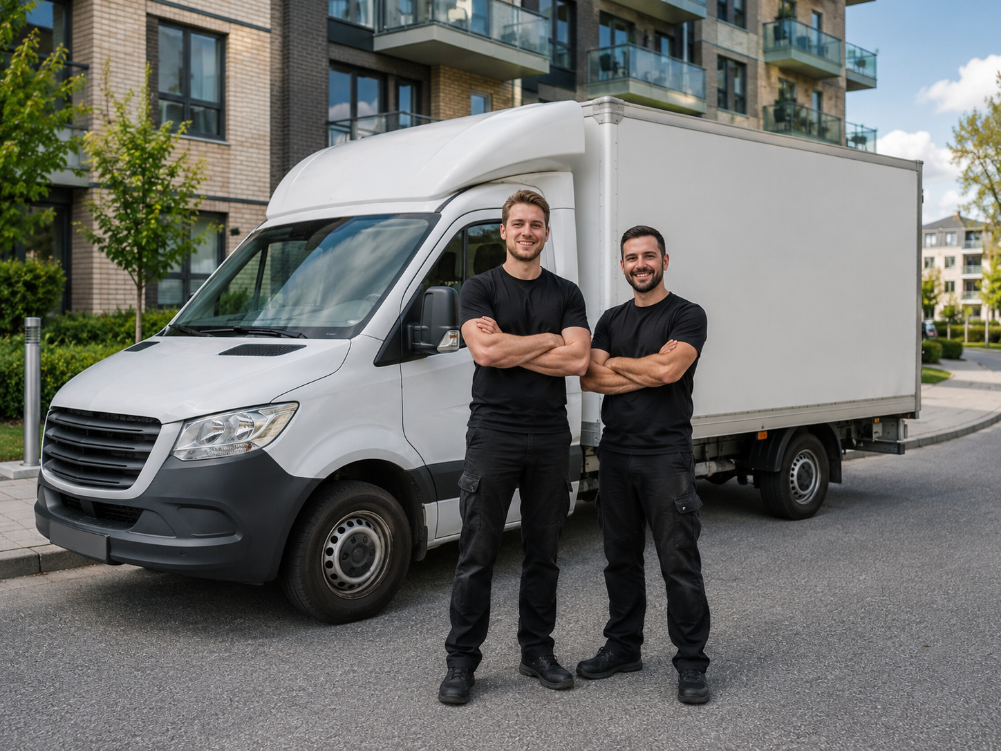 Flyttebyrå Oslo — to smilende flyttere foran hvit flyttebil utenfor moderne leilighetsbygg