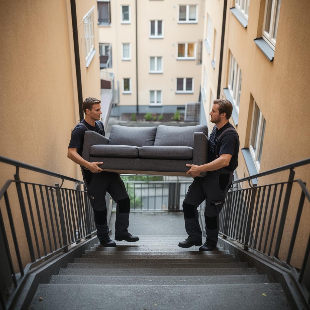 Bærehjelp Oslo — to bærere løfter en tung sofa i en oppgang i Oslo