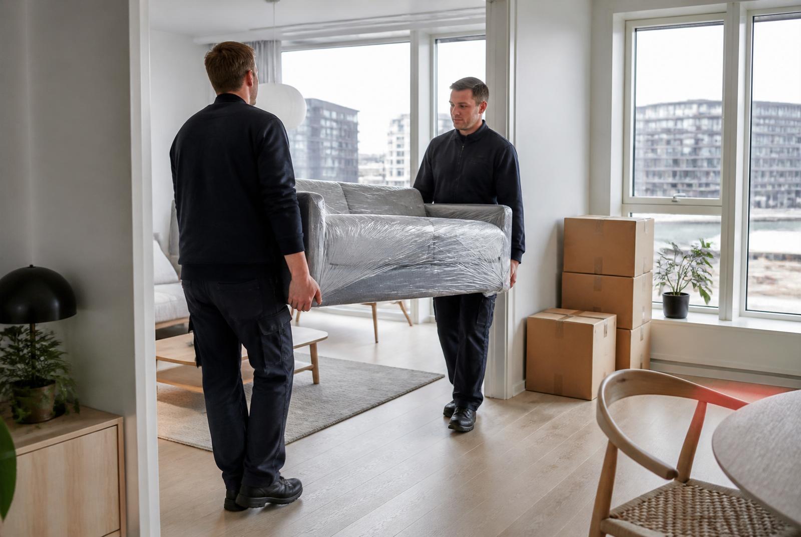 Beste flyttebyrå i Oslo — to uniformerte flyttemenn bærer sofa i lys leilighet