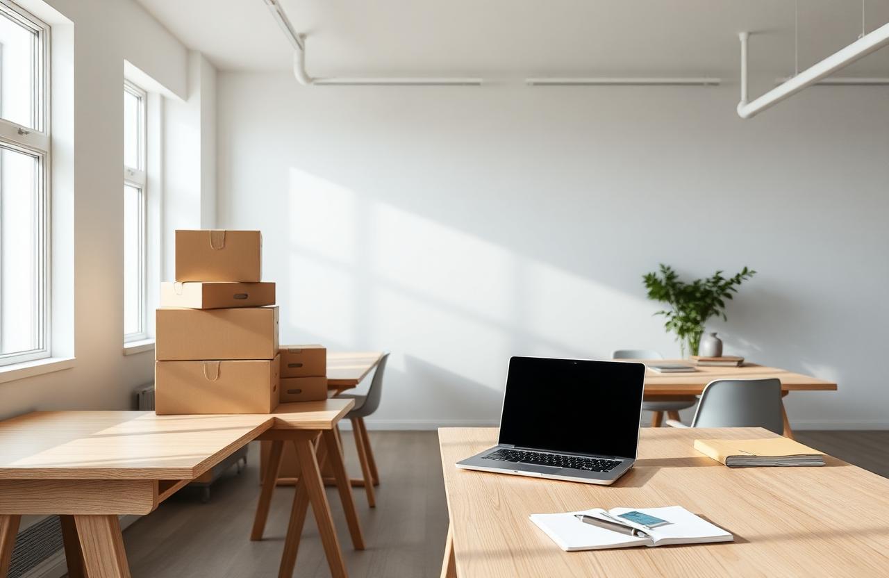 Lyst nordisk kontor med flyttekasser og eikeskrivebord