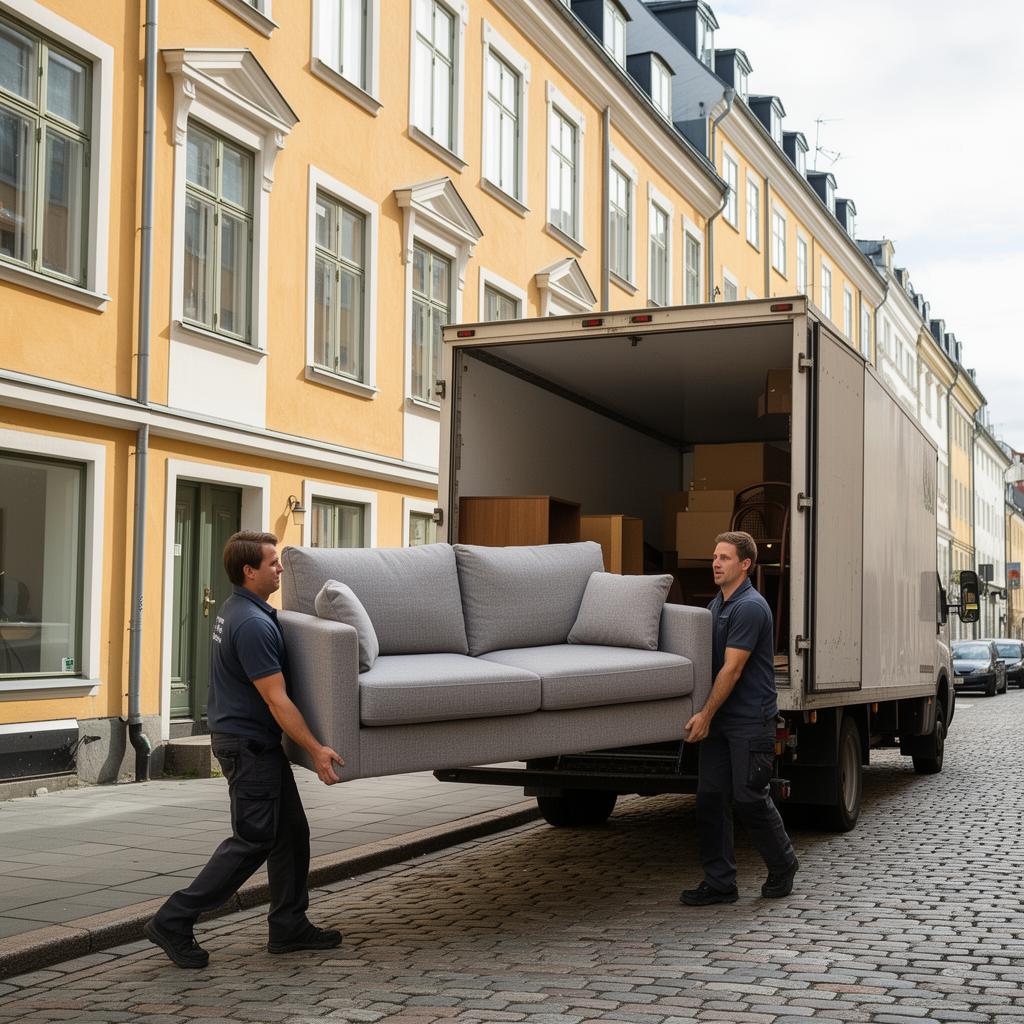 Flytte møbler i Oslo — to flyttere bærer sofa ut av leilighet i Oslo