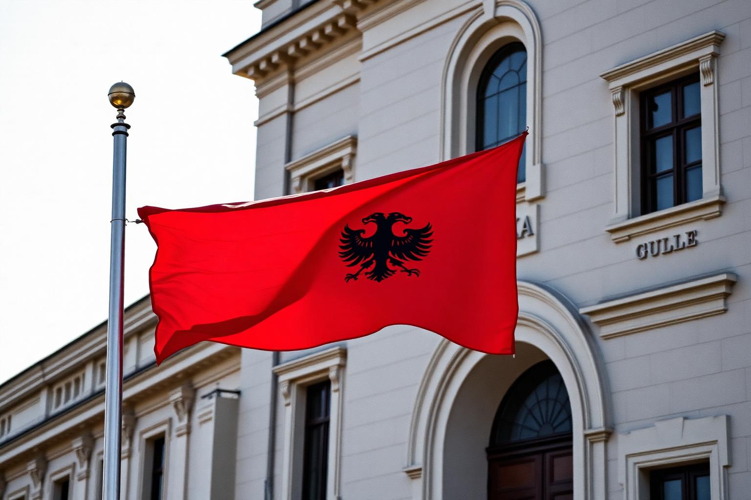 Kystby med hvite hus ved turkist middelhav i Sarandë, Albania