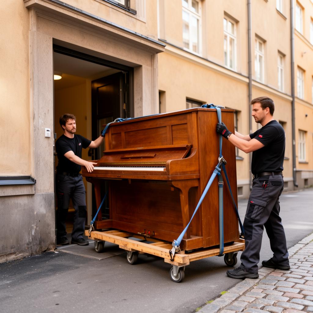 Flytte piano i Oslo — pianoflyttere transporterer piano med stropper og tralle i Oslo