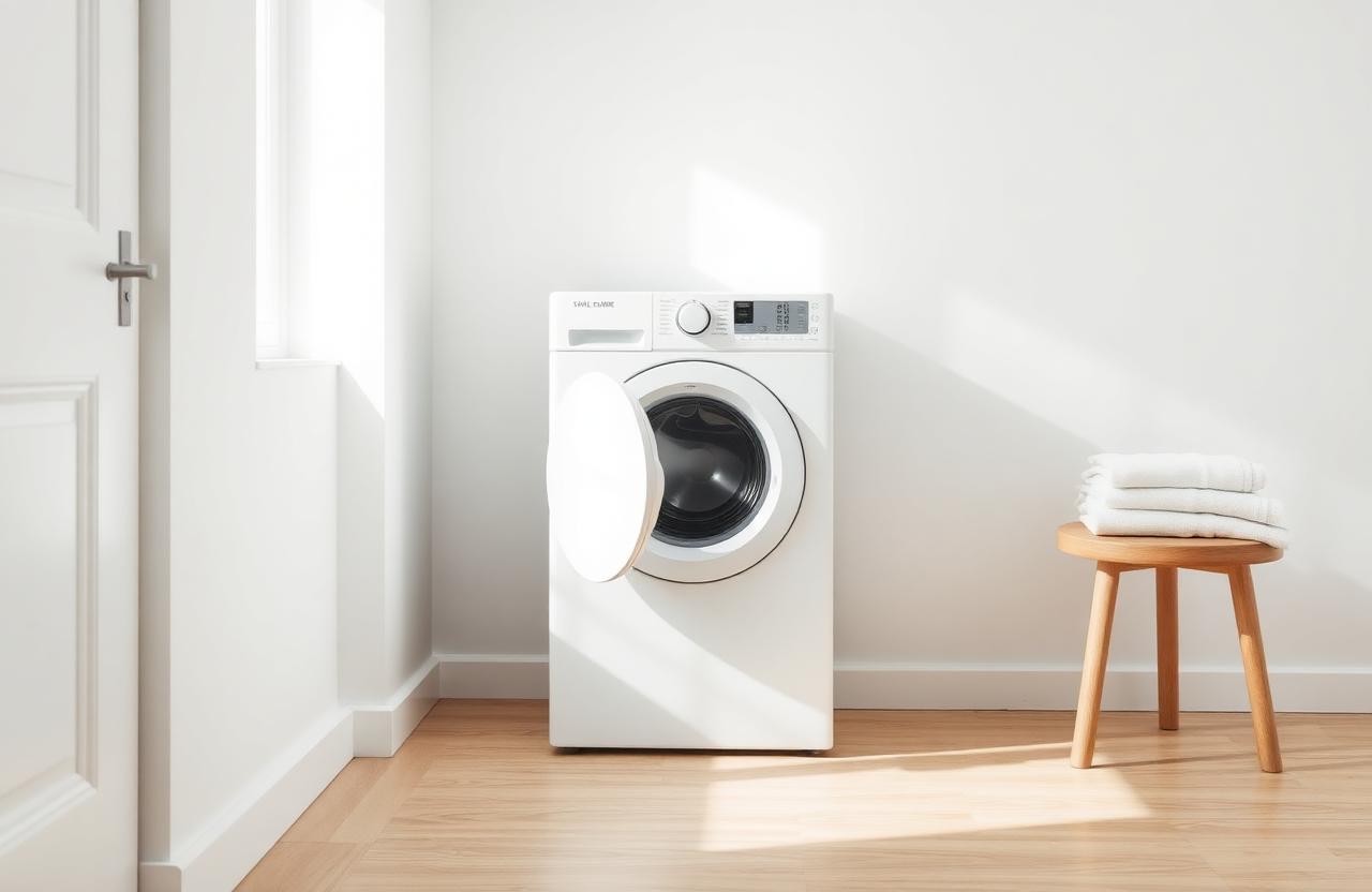 Hvit tørketrommel i minimalistisk skandinavisk vaskerom