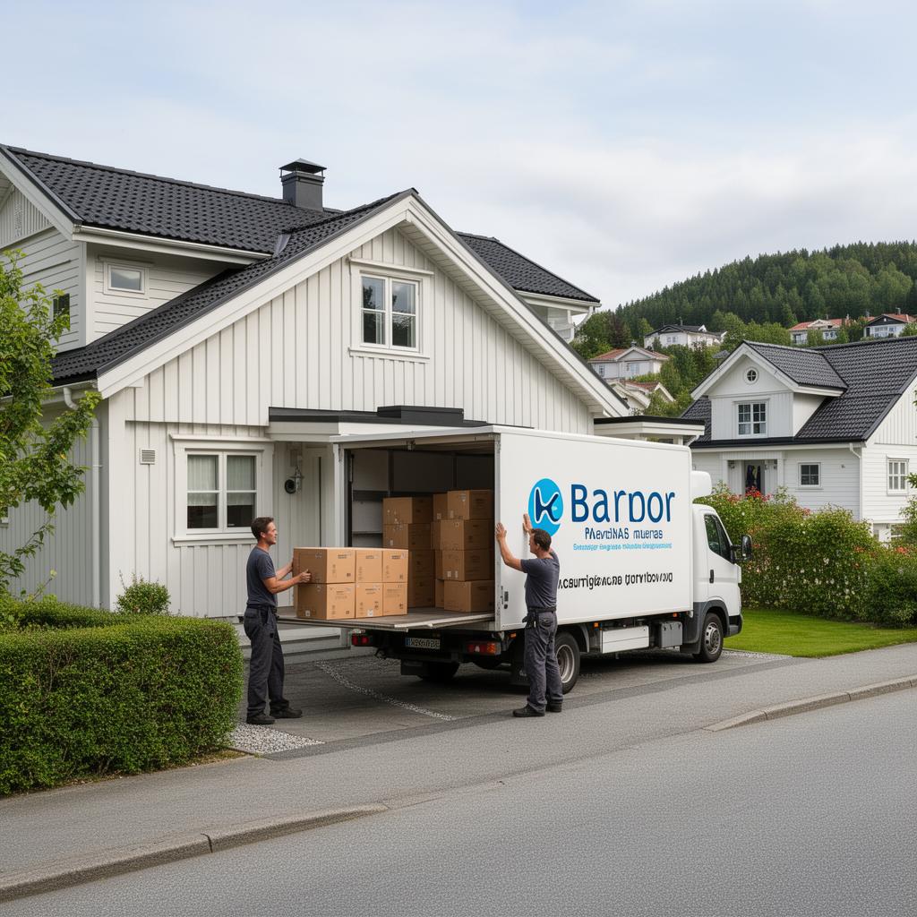 Flyttebyrå Bærum — flyttebil og flyttere laster bokser utenfor enebolig i Bærum