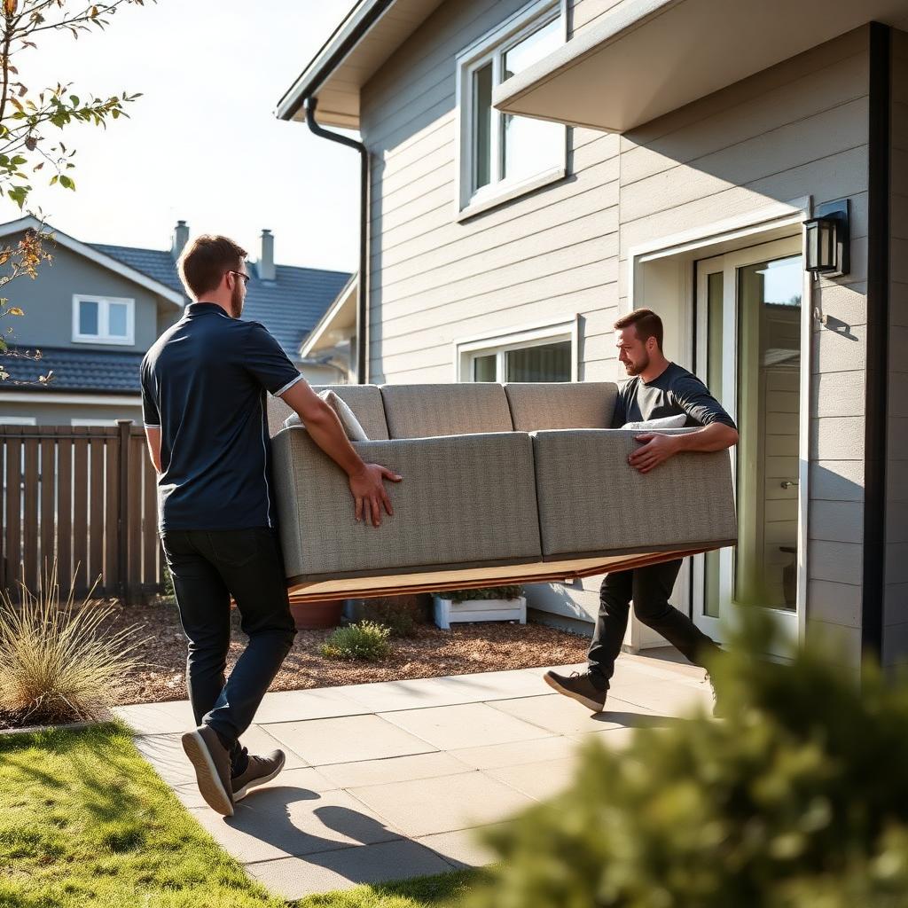 Flyttebyrå Langhus — flyttere løfter sofa ut av rekkehus i Langhus