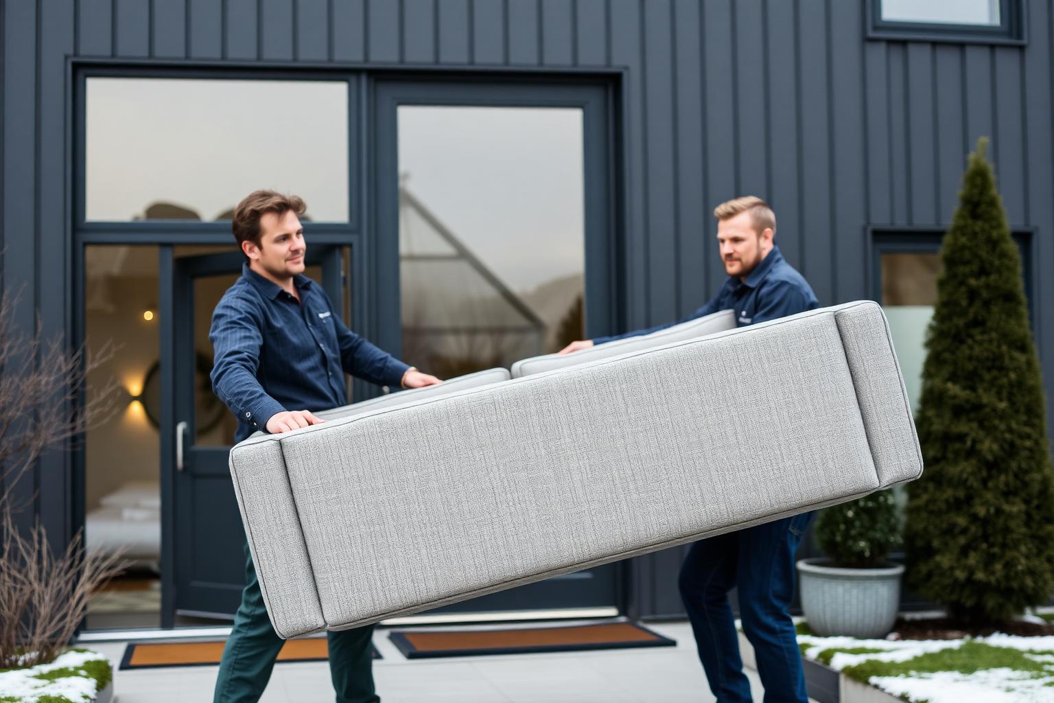Flyttebyrå Langhus — flyttere løfter sofa ut av rekkehus i Langhus