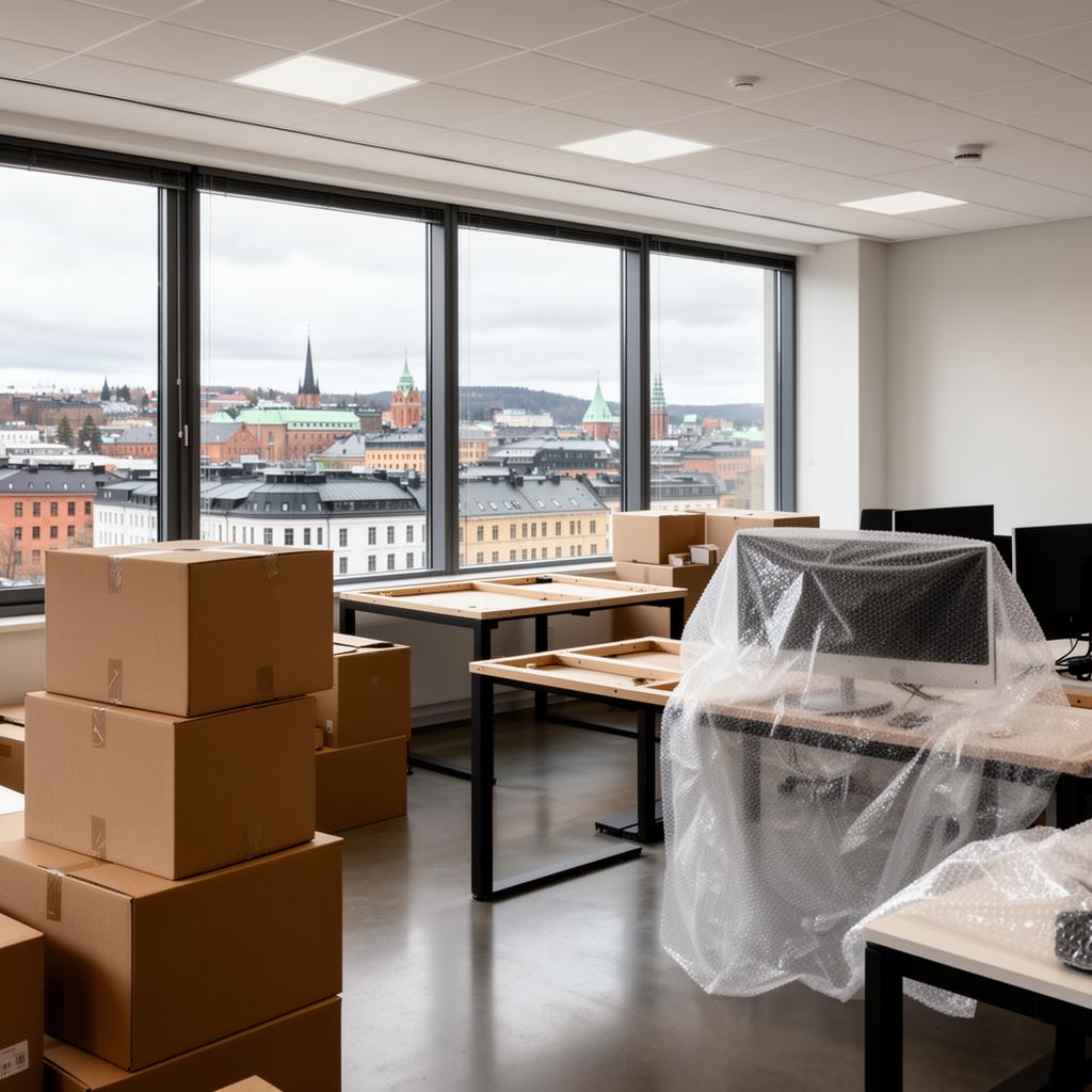 Kontorflytting Oslo — moderne kontor med flyttekasser og innpakkede skjermer klart for bedriftsflytting