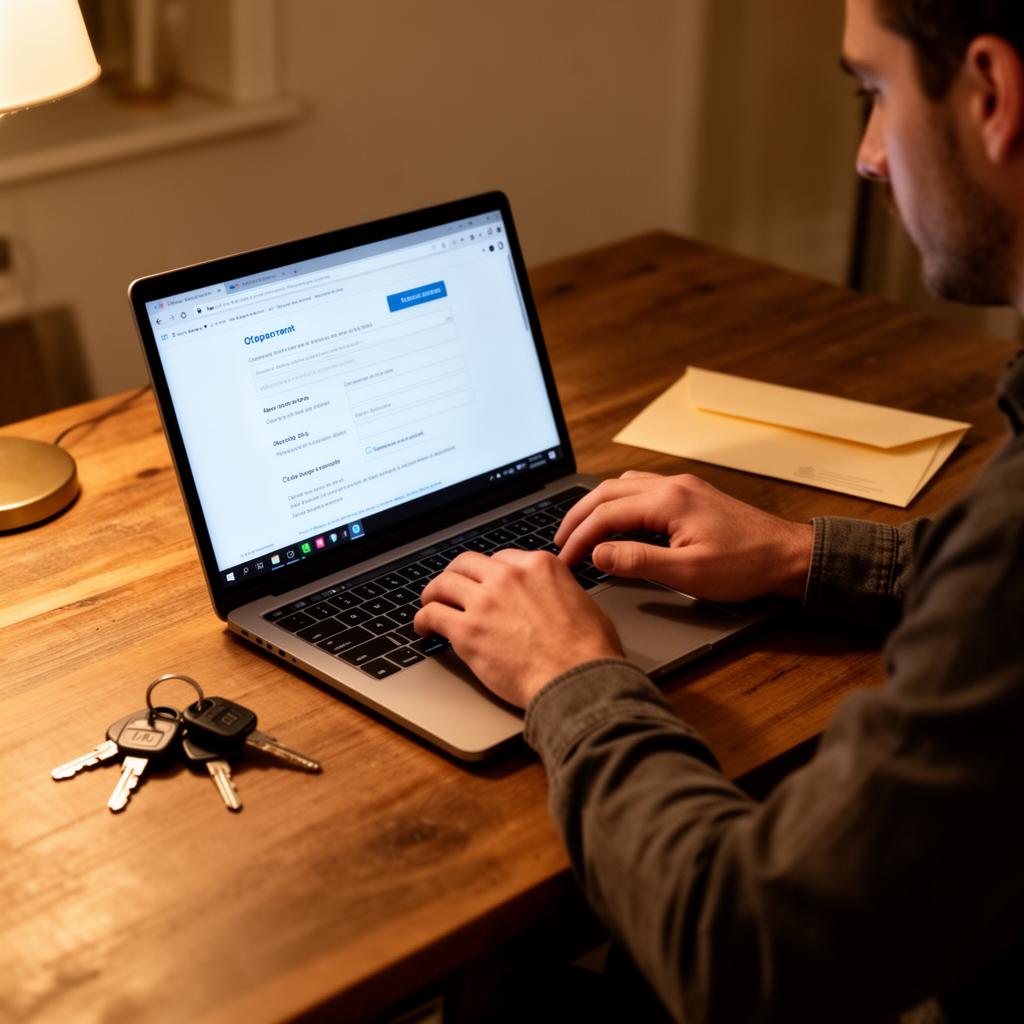 Melde flytting når du flytter — person fyller ut flyttemelding på laptop ved skrivebord