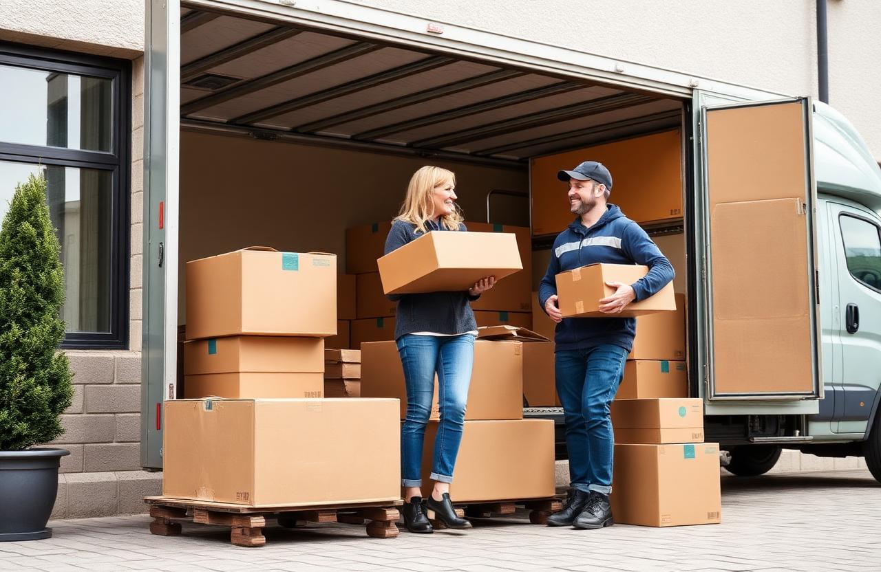 Moving company Oslo — English-speaking movers loading boxes outside a Norwegian apartment