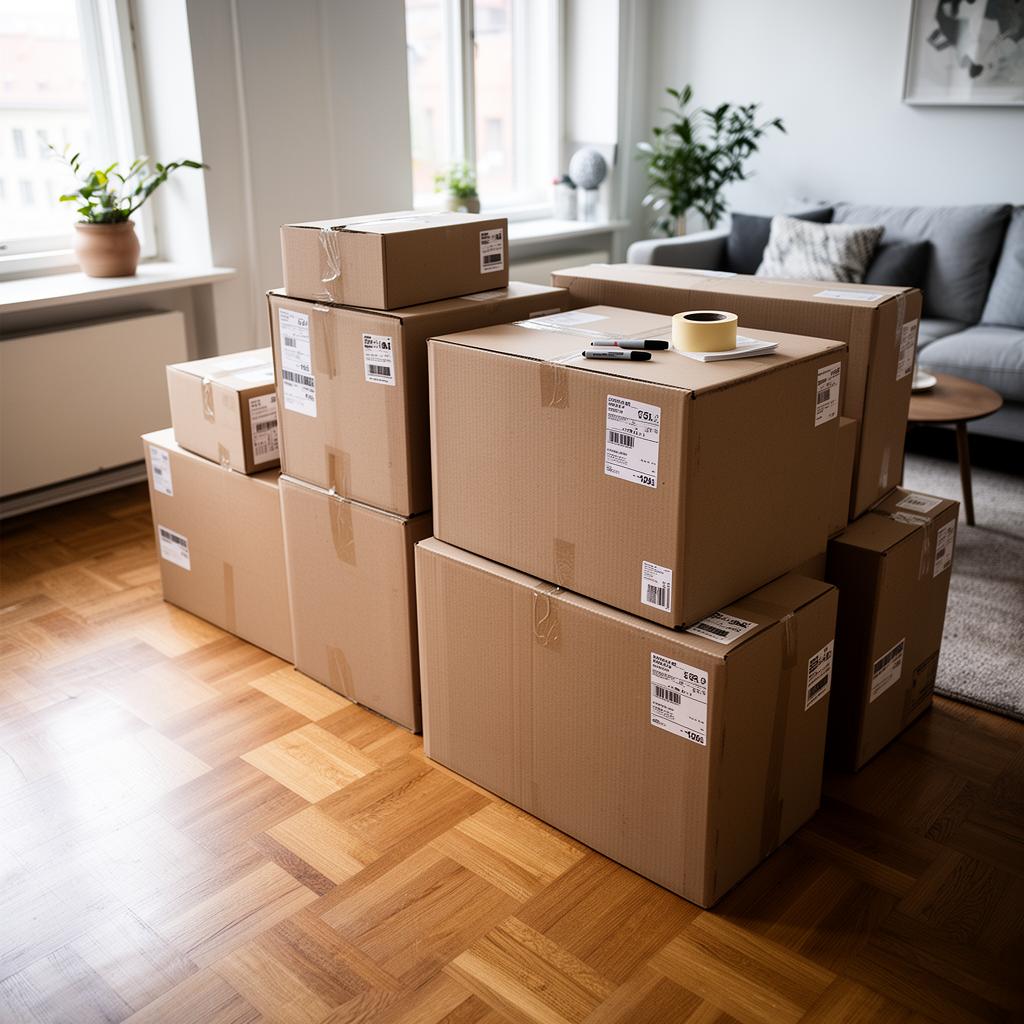Tips for å organisere et flyttelass — merkede flyttekasser i en lys stue