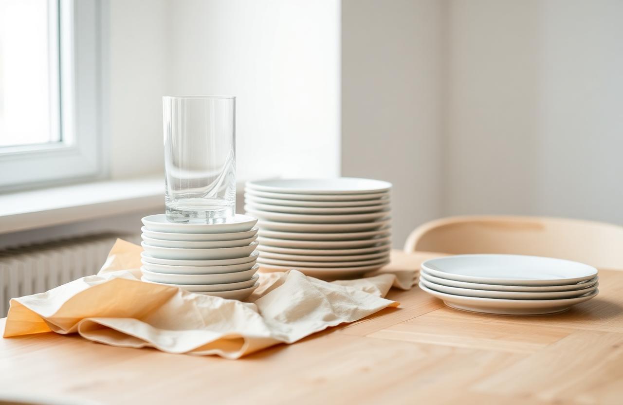 Stabler med porselen og glass pakket i silkepapir på eikebord